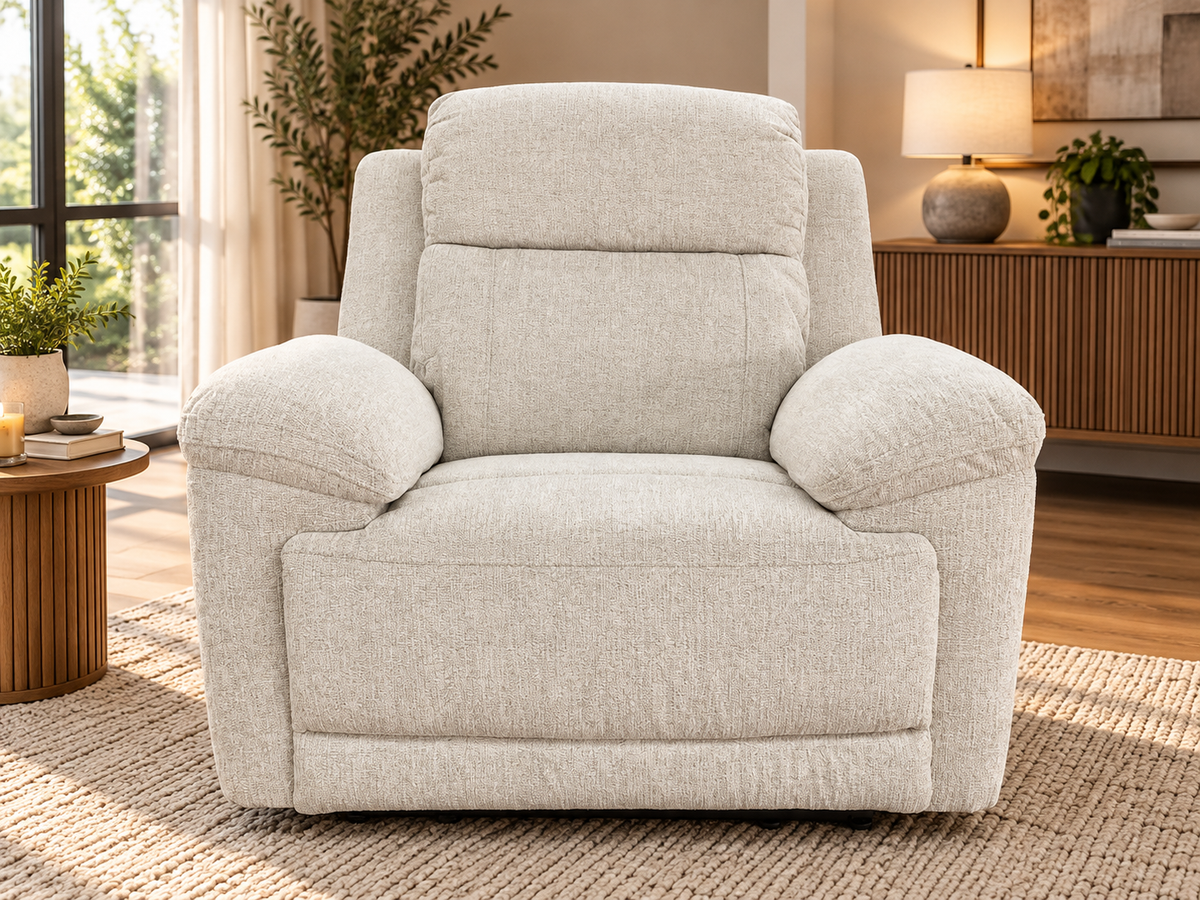 Owen Electric Recliner Armchair, Cupholders, Wireless Charger, Soft Beige or Grey Fabric