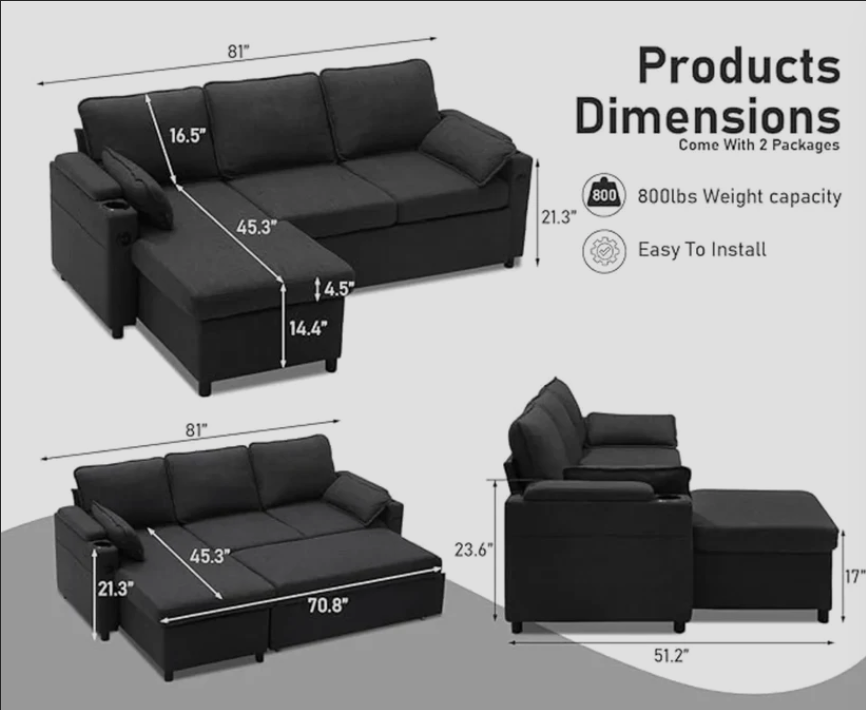 Francesca Corner Sofa Bed with USB, Storage, Cuphoders, Bed and Magazine Pocket