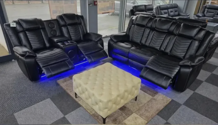 Michigan Leather 3 & 2 Seater Electric Recliner Sofa Set with LED Lighting, Cupholders, USB & Type-C Ports, Wireless Charging & Woofer Speakers