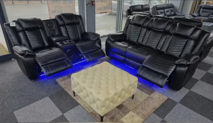 Michigan Leather 3 & 2 Seater Electric Recliner Sofa Set with LED Lighting, Cupholders, USB & Type-C Ports, Wireless Charging & Woofer Speakers