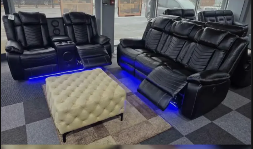 Michigan Leather 3 & 2 Seater Electric Recliner Sofa Set with LED Lighting, Cupholders, USB & Type-C Ports, Wireless Charging & Woofer Speakers