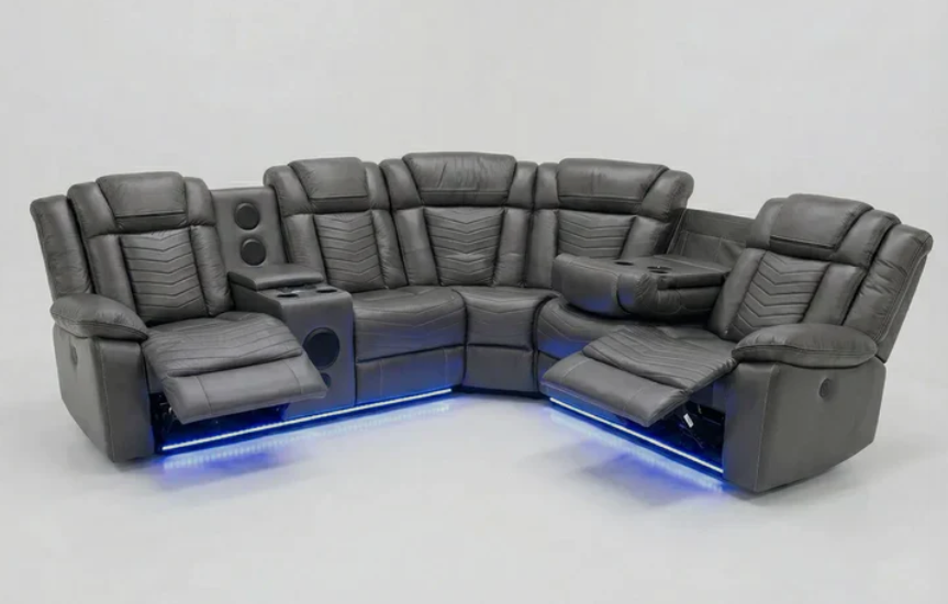 Michigan Zeus Leather Electric Recliners Corner Sofa With Cupholders, Bluetooth Speakers & LED Lights