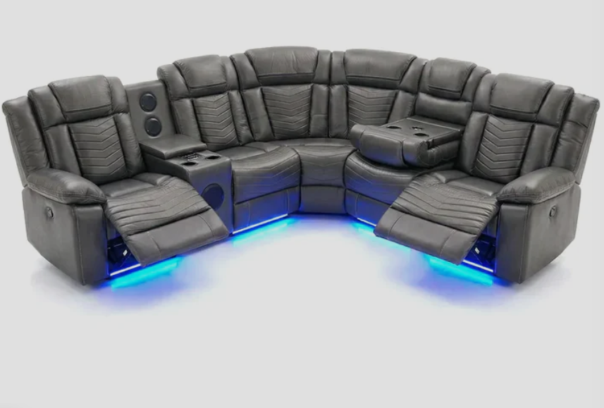 Michigan Zeus Leather Electric Recliners Corner Sofa With Cupholders, Bluetooth Speakers & LED Lights