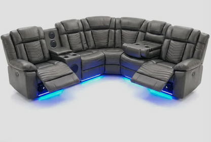 Michigan Zeus Leather Electric Recliners Corner Sofa With Cupholders, Bluetooth Speakers & LED Lights