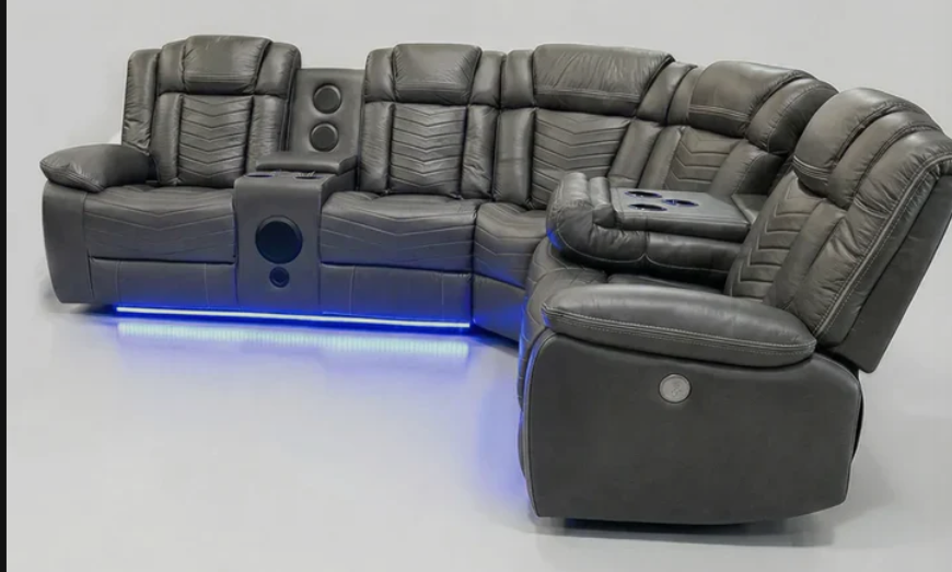 Michigan Zeus Leather Electric Recliners Corner Sofa With Cupholders, Bluetooth Speakers & LED Lights