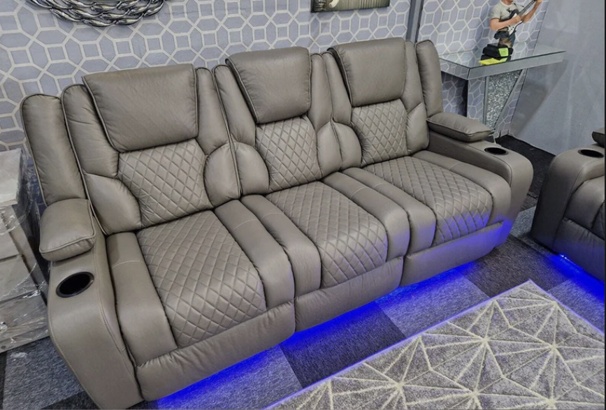 Orlando Electric Recliner 3-Seater Leather Sofa with LED Lights, USB & Wireless Charging