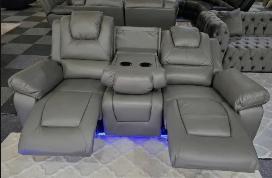 Oxford Leather Electric Recliner Sofa 3 Seater with Cup Holders, USB Charging Ports and LED Lights