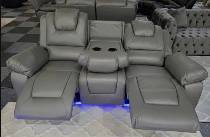 Oxford Leather Electric Recliner Sofa 3 Seater with Cup Holders, USB Charging Ports and LED Lights