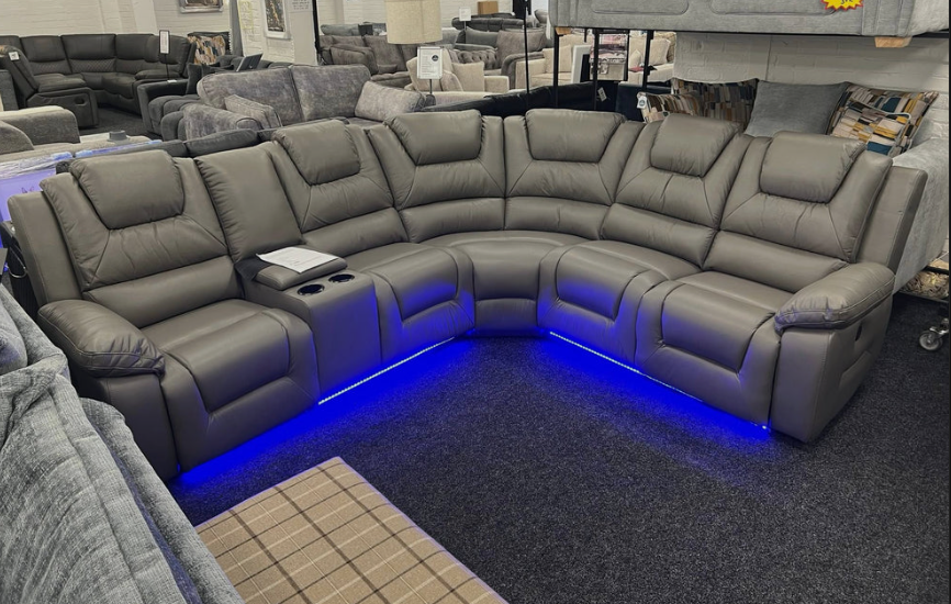 Oxford Leather Electric Recliner Corner Sofa with Cupholders, USB Charging Ports & LED Lights.