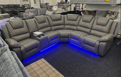 Oxford Leather Electric Recliner Corner Sofa with Cupholders, USB Charging Ports & LED Lights.