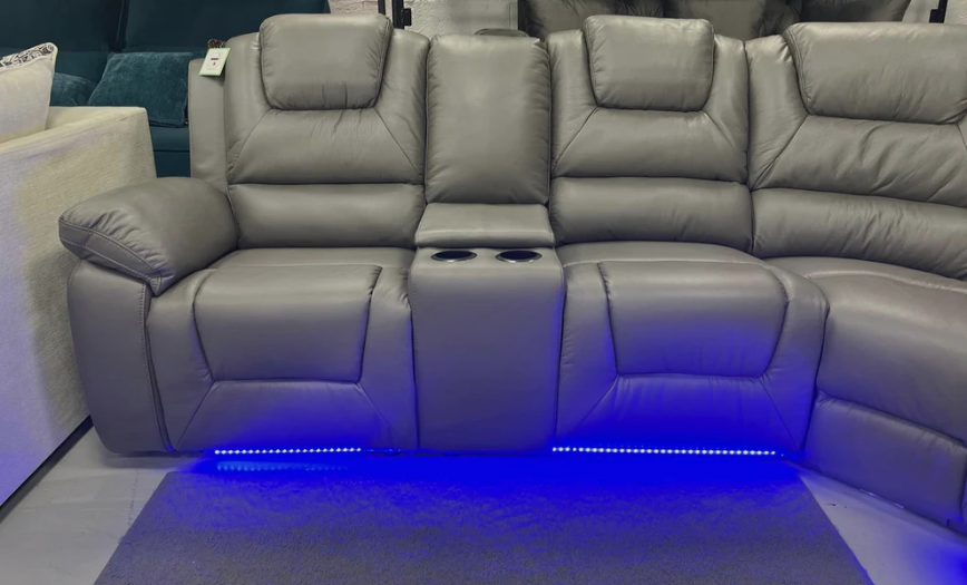 Oxford Leather Electric Recliner Corner Sofa with Cupholders, USB Charging Ports & LED Lights.