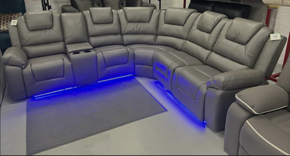 Oxford Leather Electric Recliner Corner Sofa with Cupholders, USB Charging Ports & LED Lights.