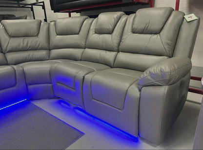 Oxford Leather Electric Recliner Corner Sofa with Cupholders, USB Charging Ports & LED Lights.