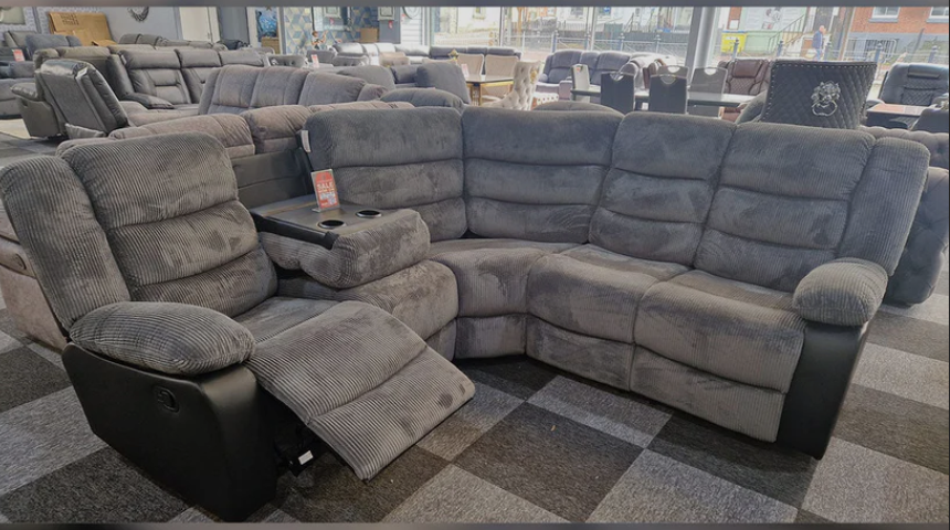 Rio Jumbo Cord Recliner Corner Sofa With Cupholders , Manual Reclining in Grey and Black
