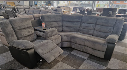 Rio Jumbo Cord Recliner Corner Sofa With Cupholders , Manual Reclining in Grey and Black