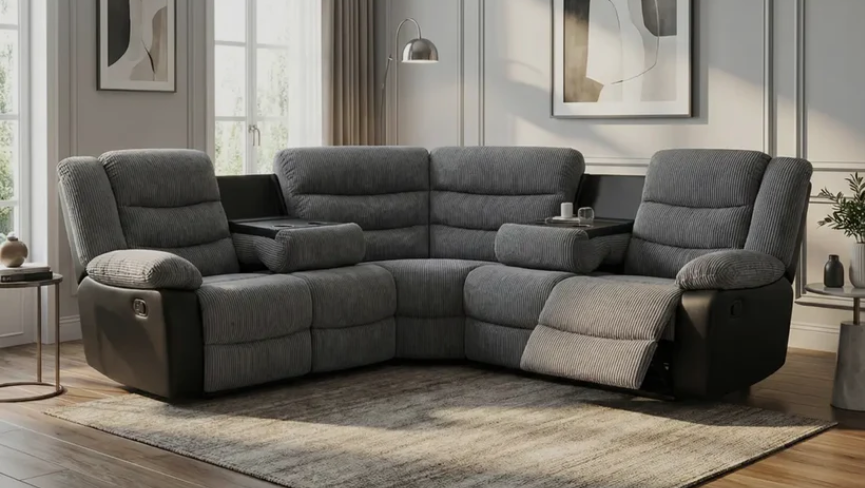 Rio Jumbo Cord Recliner Corner Sofa With Cupholders , Manual Reclining in Grey and Black