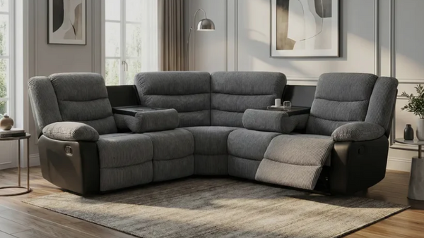 Rio Jumbo Cord Recliner Corner Sofa With Cupholders , Manual Reclining in Grey and Black