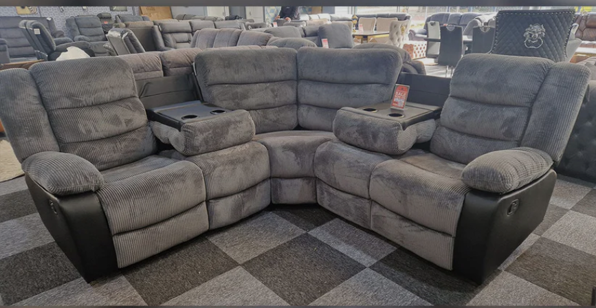 Rio Jumbo Cord Recliner Corner Sofa With Cupholders , Manual Reclining in Grey and Black