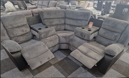 Rio Jumbo Cord Recliner Corner Sofa With Cupholders , Manual Reclining in Grey and Black