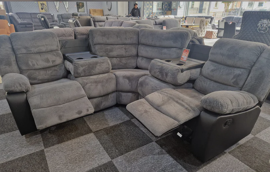 Rio Jumbo Cord Recliner Corner Sofa With Cupholders , Manual Reclining in Grey and Black