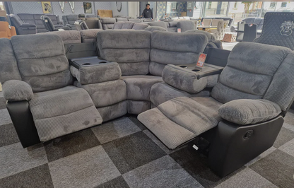 Rio Jumbo Cord Recliner Corner Sofa With Cupholders , Manual Reclining in Grey and Black