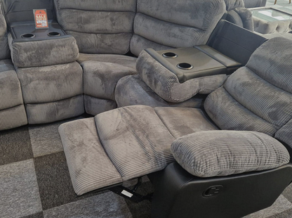 Rio Jumbo Cord Recliner Corner Sofa With Cupholders , Manual Reclining in Grey and Black