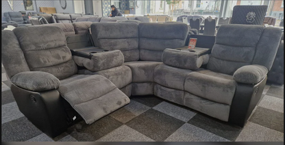 Rio Jumbo Cord Recliner Corner Sofa With Cupholders , Manual Reclining in Grey and Black