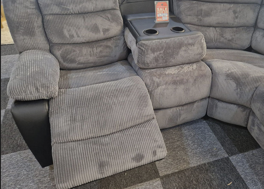Rio Jumbo Cord Recliner Corner Sofa With Cupholders , Manual Reclining in Grey and Black