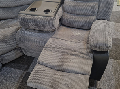 Rio Jumbo Cord Recliner Corner Sofa With Cupholders , Manual Reclining in Grey and Black