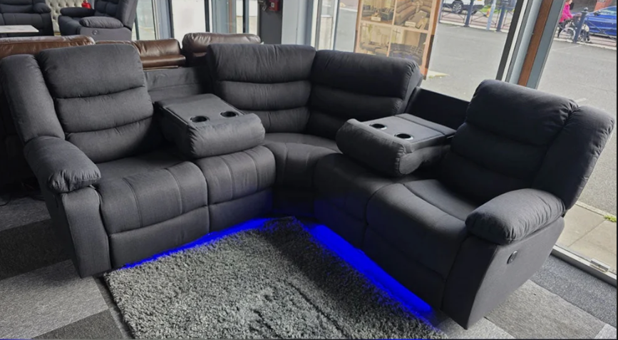 Roma Fabric Electric Recliner Corner Sofa Grey With USB Ports, LED Lights and Cup Holder