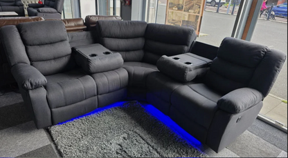 Roma Fabric Electric Recliner Corner Sofa Grey With USB Ports, LED Lights and Cup Holder