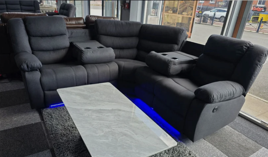 Roma Fabric Electric Recliner Corner Sofa Grey With USB Ports, LED Lights and Cup Holder