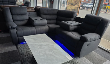 Roma Fabric Electric Recliner Corner Sofa Grey With USB Ports, LED Lights and Cup Holder