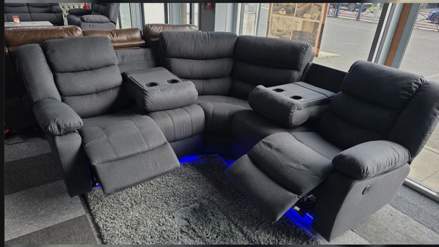 Roma Fabric Electric Recliner Corner Sofa Grey With USB Ports, LED Lights and Cup Holder