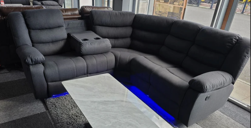 Roma Fabric Electric Recliner Corner Sofa Grey With USB Ports, LED Lights and Cup Holder