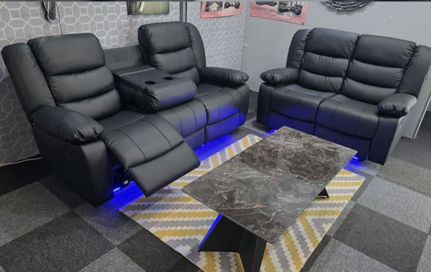Roma Leather Electric Recliner 3+2 Seater Sofa with LED Lights and Cupholders