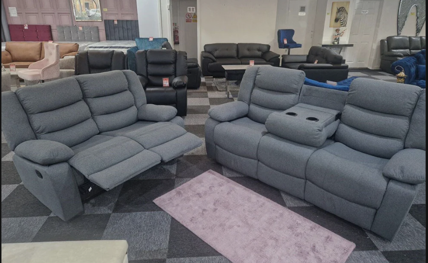Roma Fabric Reclining Sofa, Grey Fabric, 3+2 Seater with Cup Holders