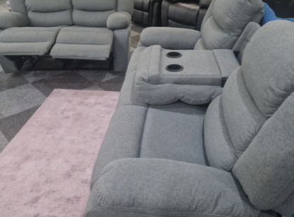 Roma Fabric Reclining Sofa, Grey Fabric, 3+2 Seater with Cup Holders