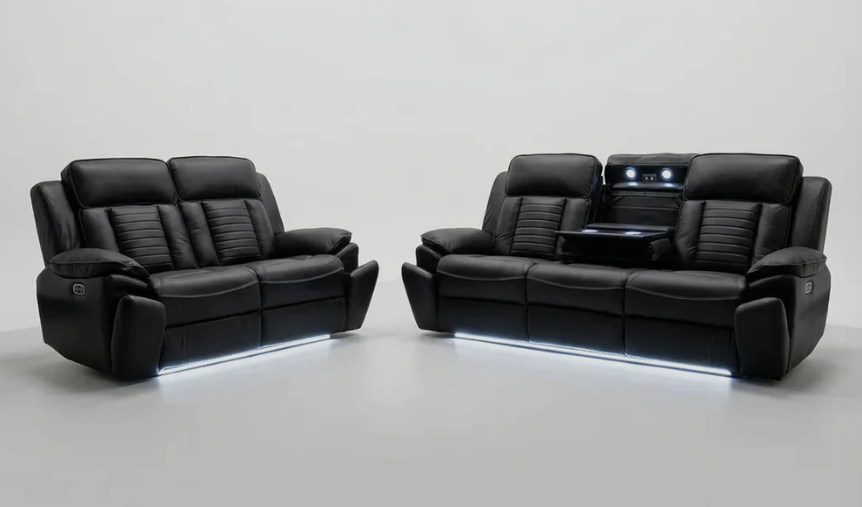Savilla Electric Leather Recliner 3+2 Seater Sofa Set with Cup Holders, USB & Type-C Charging Ports, LED Lighting & Wireless Charging