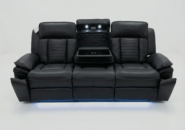 Savilla Electric Leather Recliner 3 Seater Sofa with Cup Holders, USB & Type-C Charging Ports, LED Lighting & Wireless Charging
