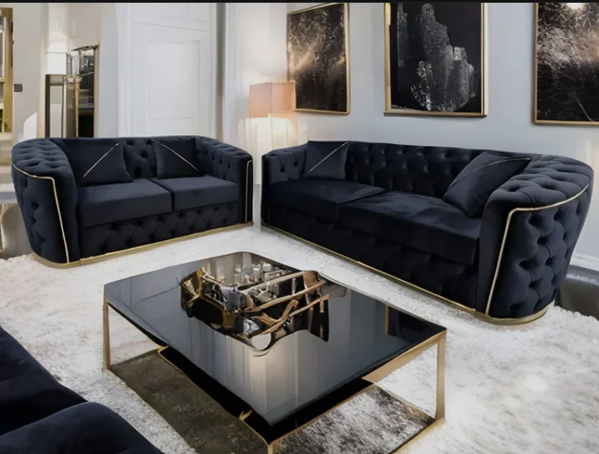 Toronto Chesterfield Sofa 3+2 Seater Sofa Set in Black with Gold Trim