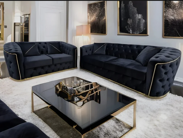 Toronto Chesterfield Sofa 3+2 Seater Sofa Set in Black with Gold Trim