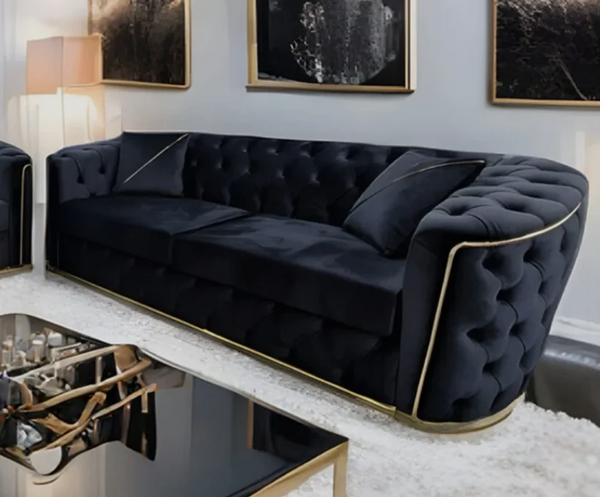 Toronto Chesterfield Sofa 3 Seater Sofa in Black with Gold Trim