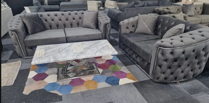 Toronto Chesterfield Sofa 3+2 Seater Sofa Set in Grey with Silver Trim