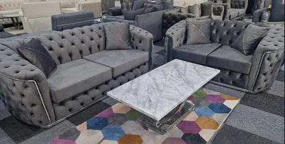 Toronto Chesterfield Sofa 2 Seater Sofa in Grey with Silver Trim
