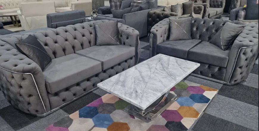 Toronto Chesterfield Sofa 3 Seater Sofa in Grey with Silver Trim