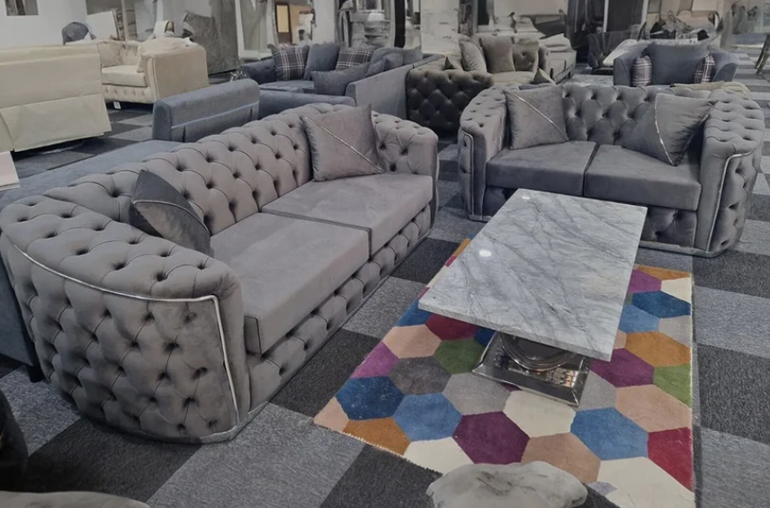 Toronto Chesterfield Sofa 3+2 Seater Sofa Set in Grey with Silver Trim