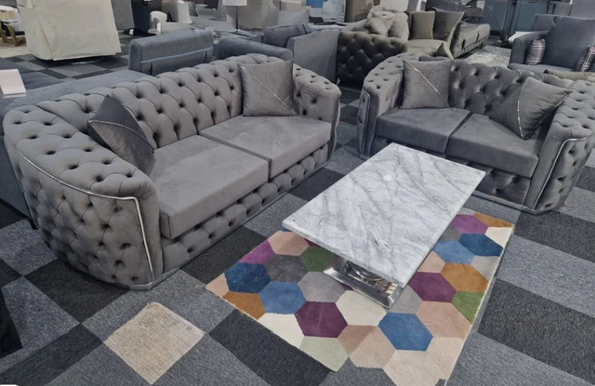 Toronto Chesterfield Sofa 2 Seater Sofa in Grey with Silver Trim