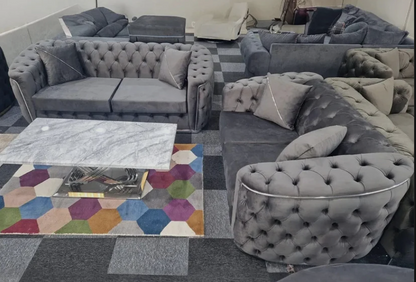 Toronto Chesterfield Sofa 3+2 Seater Sofa Set in Grey with Silver Trim