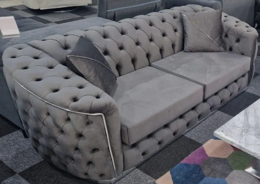 Toronto Chesterfield Sofa 3 Seater Sofa in Grey with Silver Trim
